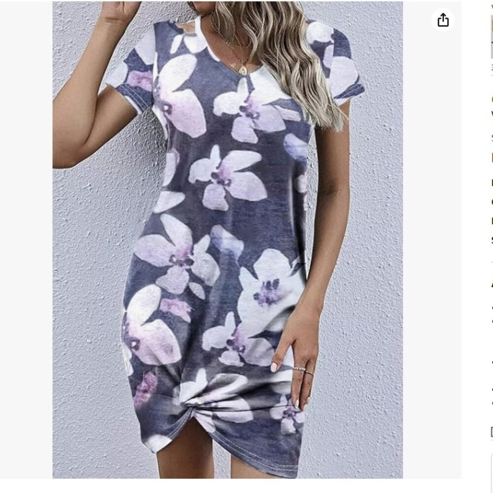 Dearlovers Womens Short Sleeve Side‎ Knot Dress - XL - Blue Floral